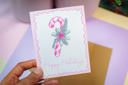 Pink Holiday Coquette Candy Cane Holiday Greeting Card –