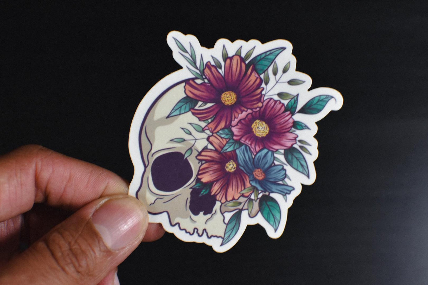 Skull and Cosmos Flowers Die-Cut Vinyl Sticker