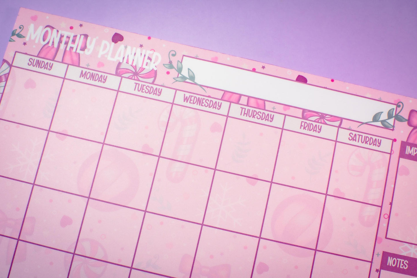 Handmade Pink Winter Holiday Coquette Monthly Planner Notepad | 8.5in x 11in