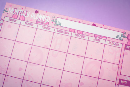 Handmade Pink Winter Holiday Coquette Monthly Planner Notepad | 8.5in x 11in