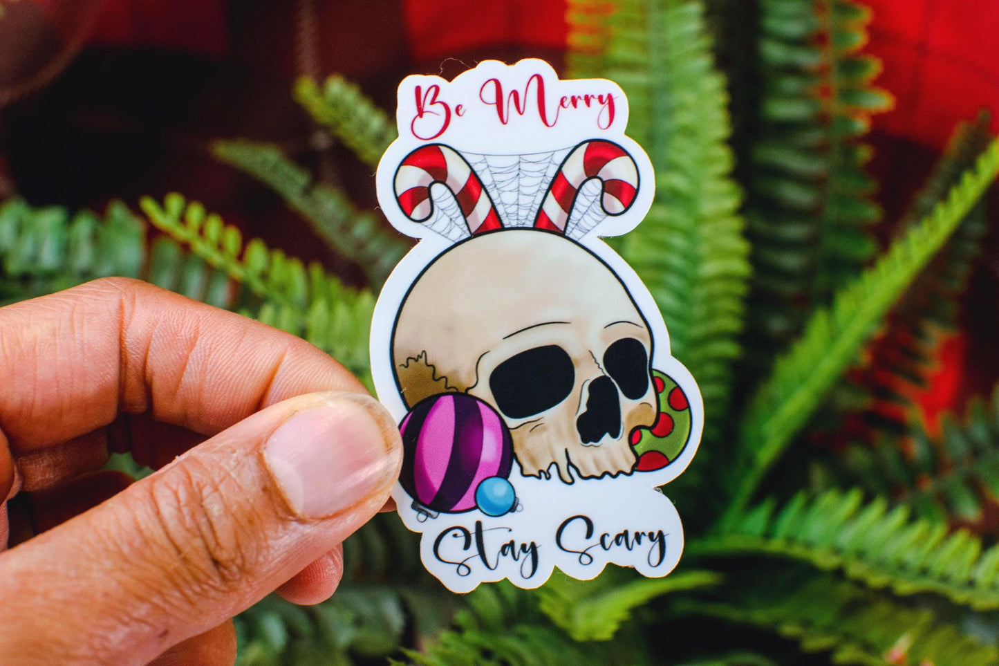 Be Merry Stay Scary Festive Skull Die-Cut Vinyl Sticker