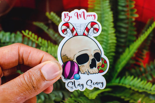 Be Merry Stay Scary Festive Skull Die-Cut Vinyl Sticker