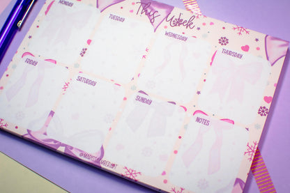 Handmade Pink Winter Holiday Bows Weekly Planner Notepad | 5in x 7in
