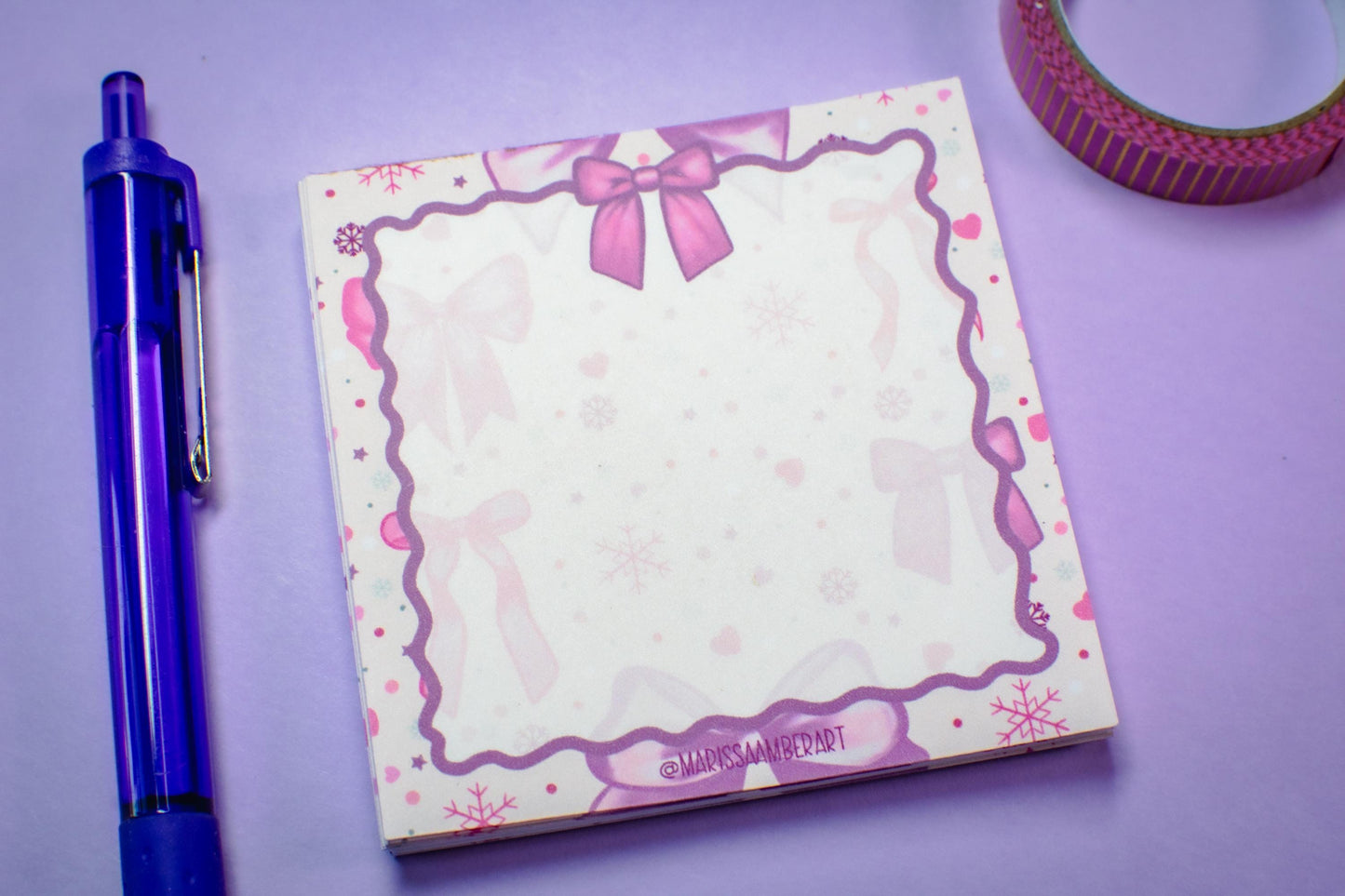 Handmade Pink Winter Holiday Bows Mini Notepad | 3in x 3in