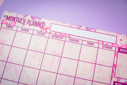 Handmade Pink Winter Holiday Bows Monthly Planner Notepad | 8.5in x 11in