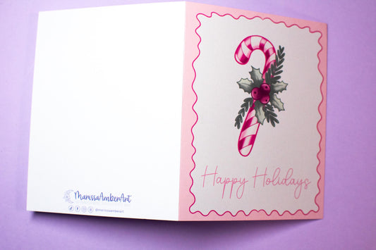 Pink Holiday Coquette Candy Cane Holiday Greeting Card –