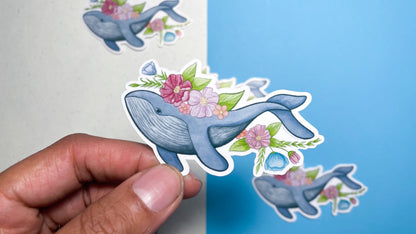 Floral Blue Whale Die-Cut Vinyl Sticker