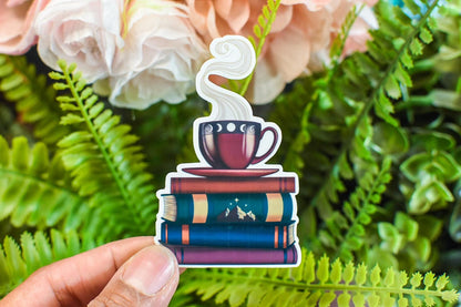 Bookish Tea Cup and Bookstack Die-Cut Vinyl Sticker