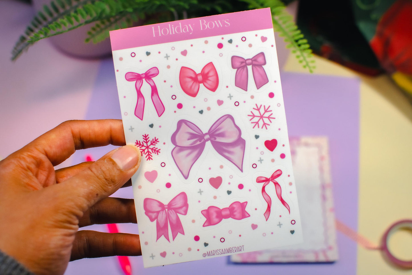 Pink Winter Holiday Bow Kiss Cut Vinyl Sticker Sheet