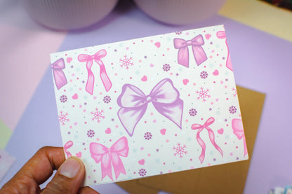 Pink Winter Holiday Bows Holiday Greeting Card