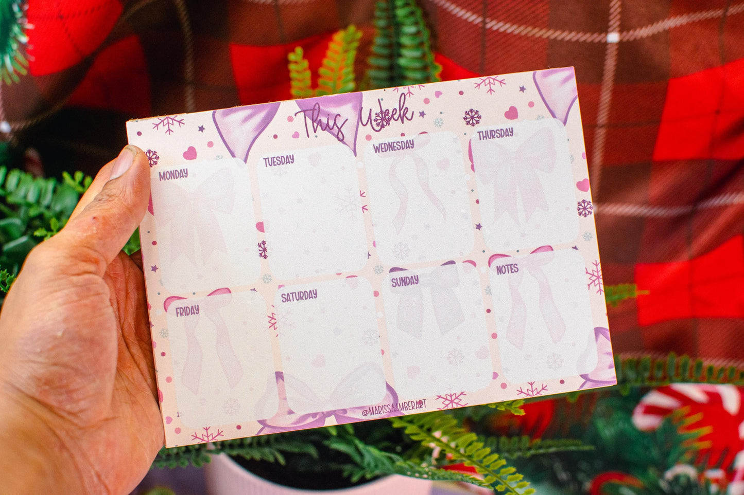 Handmade Pink Winter Holiday Bows Weekly Planner Notepad | 5in x 7in