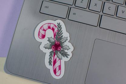 Pink Winter Holiday Coquette Candy Cane Die Cut Vinyl Sticker